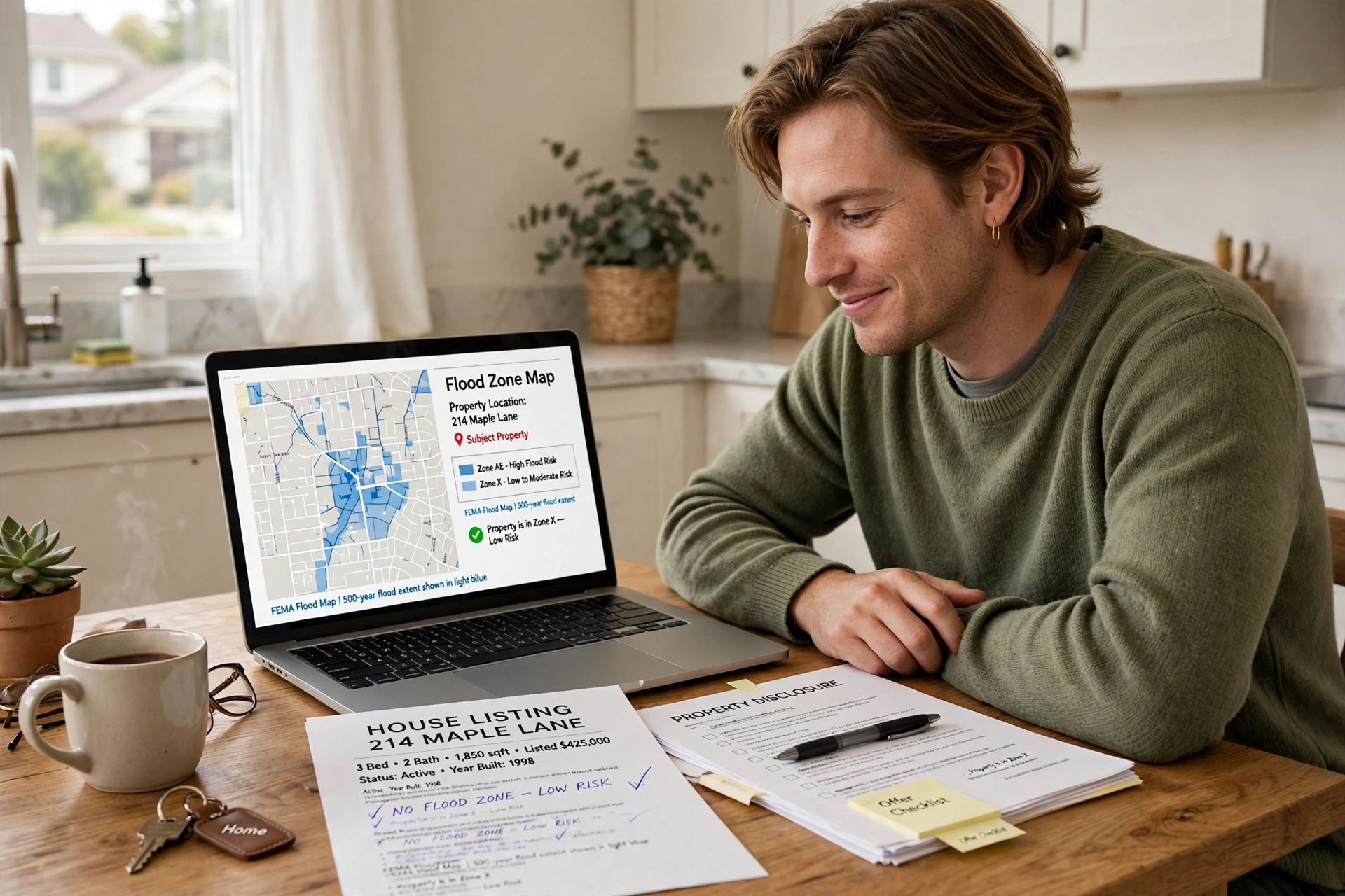 Home buyer checking a flood map on a laptop to learn what flood zone X means for a house they want to buy